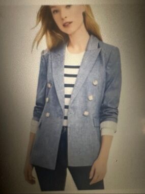 LOFT Double-Breasted Linen-Blend Blazer in Chambray Blue, size 14